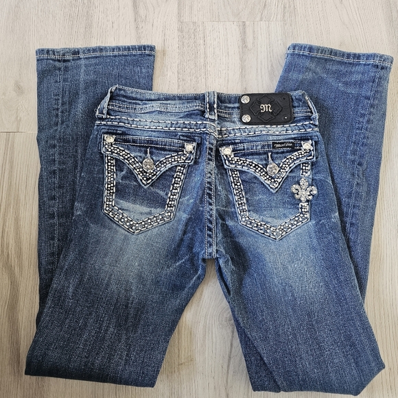 Miss Me Blue Boot Cut Jeans with White Stitching - Picture 3 of 5